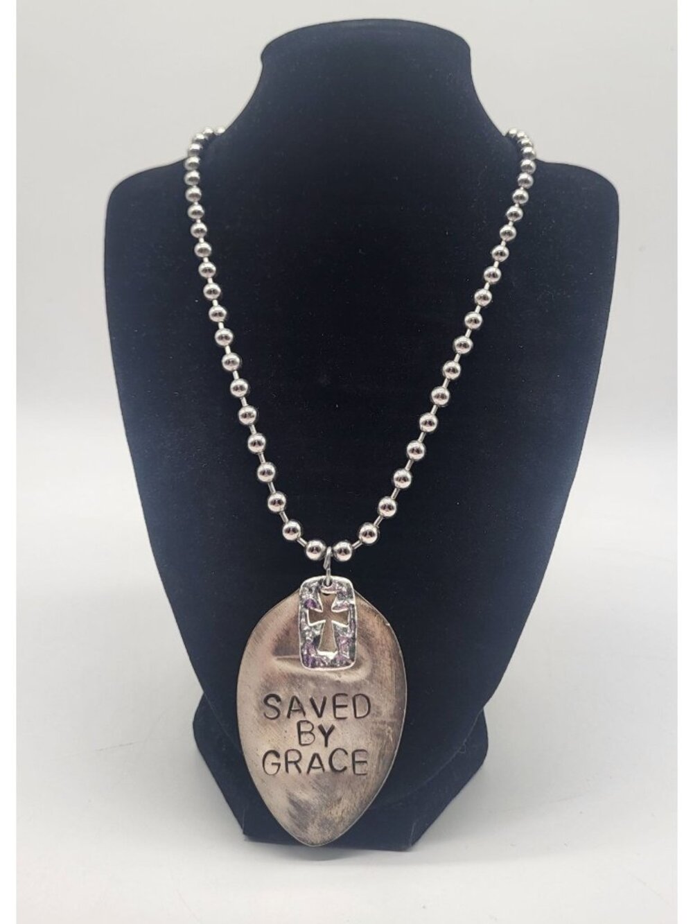 Saved By Grace Stamped Silver Tone Necklace Religious Faith Cross - Picture 1 of 5
